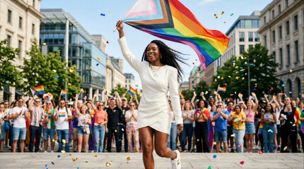 Black woman proudly waving a Progress Pride flag during a joyful parade with a diverse crowd and falling confetti in an urban setting.