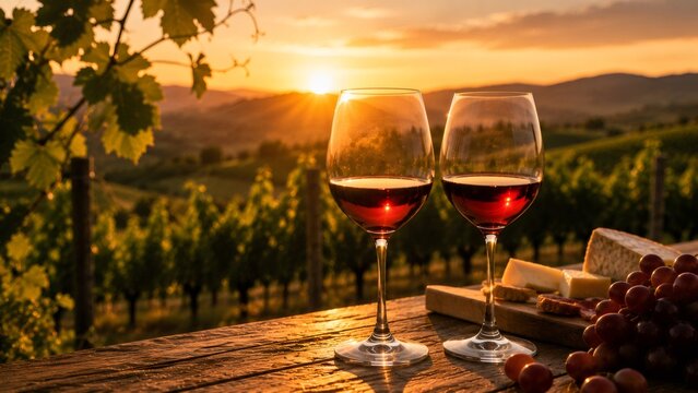 Glasses of red wine enjoying beautiful sunset in scenic Tuscany vineyard with cheese and grapes on a rustic table
