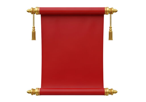 3d render of a traditional red scroll with golden decorative ends isolated on transparent background