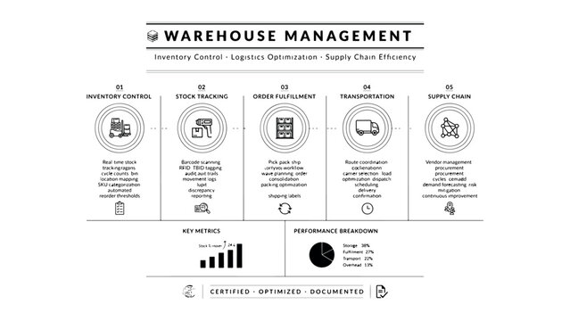 Warehouse management inventory control logistics optimization and supply chain efficiency schematic featuring stock tracking order fulfillment and transport.