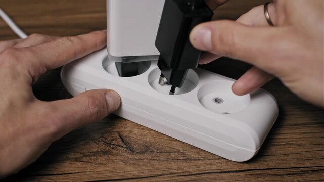 Side angle view of hands plugging a white adapter and black cord into a white extension block on a wood desk. The user powers up multiple gadgets and household appliances for work.