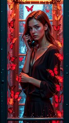 Fototapeta premium digital illustration young woman standing front window red background she wearing black dress has long red hair styled loose waves woman holding black telephone receiver her ear appears deep thought