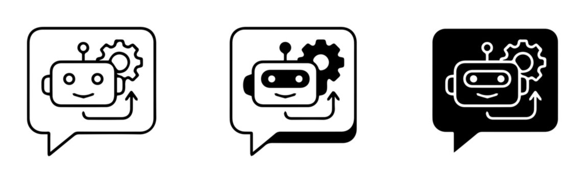 3 Robot Chat icons with gear, outline solid styles, UI and web interface design