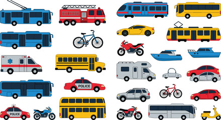 City Transportation and Emergency Vehicles Vector Set with Bus Train Fire Truck Ambulance Police Car Motorbike and Bicycle Icons for Urban Traffic and Logistics Graphic Designs © riham