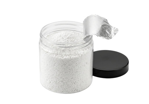 Isolated jar filled with creatine monohydrate powder, symbolizing fitness and nutrition for active lifestyles. Ideal for product packaging and health-related content.