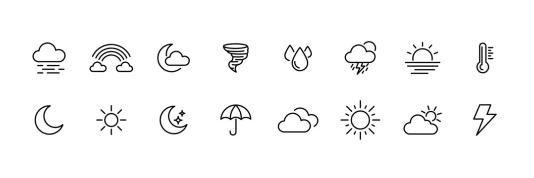 Weather forecast icon collection. Climate and meteorology symbols with minimalist line style and transparent background. Vector illustration.