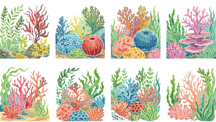 Undersea Coral Reef and Seaweed Vector Set with Colorful Marine Plants Kelp and Ocean Flora Backgrounds for Aquarium Environment and Tropical Aquatic Life Illustrations © riham