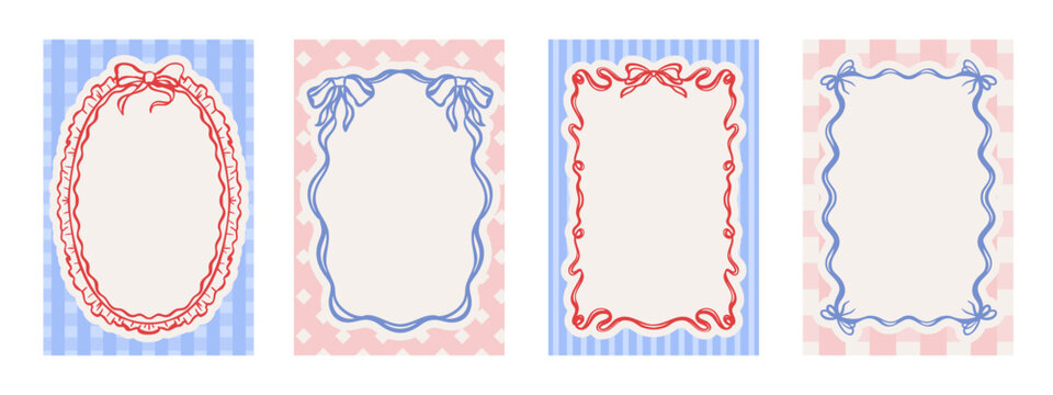 Whimsical cute bow frame collection with ribbon and pastel backgrounds. Hand drawn vintage border vector set.