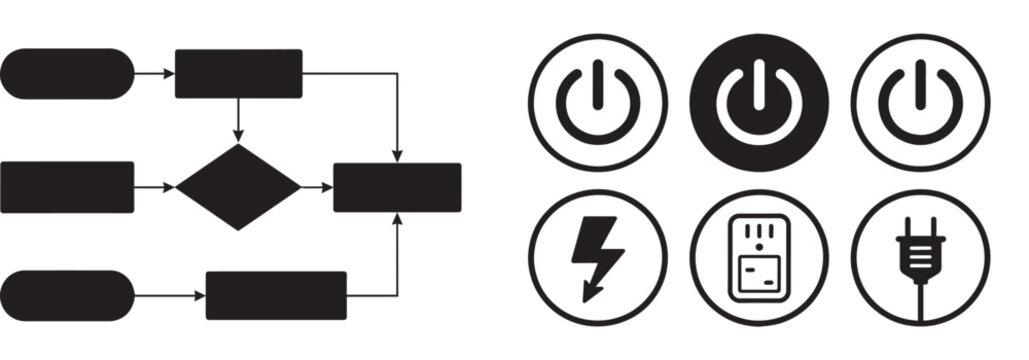 Flowchart diagram vector with power button lightning bolt electrical outlet and plug icons set for technology and process design