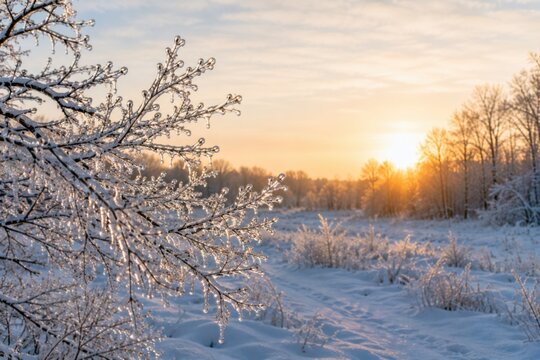 A picturesque winter landscape featuring tree branches heavily coated in a thick layer of ice, glistening in the warm, golden light of a setting sun. The background reveals a serene, snow-covered fiel