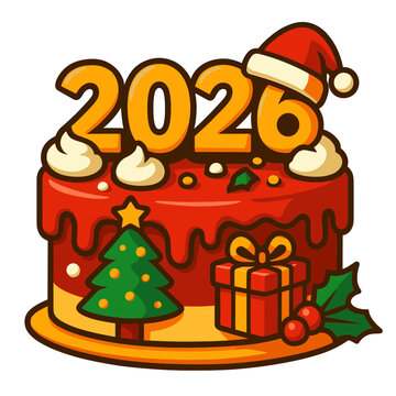 Festive Christmas And New Year Cake Featuring Golden Year Topper Wearing Red Santa Hat Dripping Frosting Christmas Tree Gift Box Holly Berry Winter Holiday Party Food Vector Illustration
