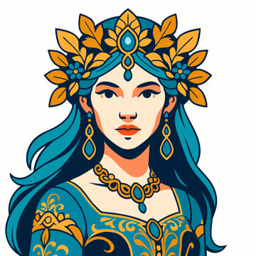 Elegant Portrait Of A Royal Queen Or Goddess Character Wearing Ornate Golden Leaf Crown Jeweled Necklace Earrings Turquoise Blue Renaissance Dress Fantasy Graphic Avatar Vector Illustration
