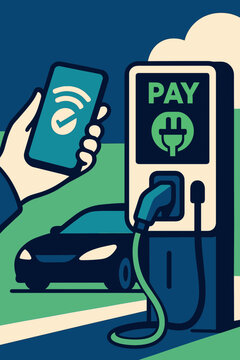 Electric Vehicle EV Charging Station Digital Payment Concept Illustration With Hand Holding Smartphone Smart App Wireless NFC Contactless Transaction Car In Background Eco Friendly Technology
