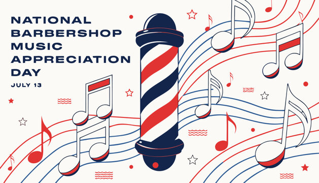 Graphic illustration of a classic striped barbershop pole with music notes