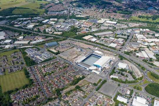 Leeds UK, 19th June 2026: High altitude aerial view of Elland Road football stadium in Leeds showing the home of Leeds United alongside surrounding industrial estates residential neighbourhoods