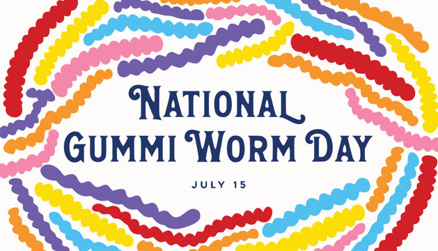 Colorful gummy worms framing the national gummi worm day text