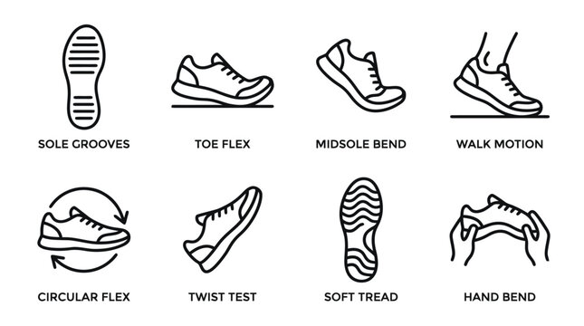 Running shoe flexibility icons, 8 sneaker motion and sole tread vector elements, athletic footwear quality test line art set for product reviews