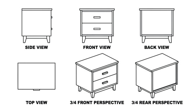 Minimalist nightstand technical drawing set, modern bedside table orthographic views, wooden furniture line art for interior design and assembly