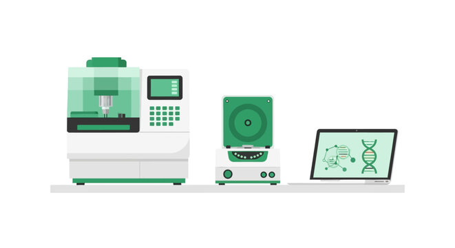 Modern Biotechnology Laboratory Equipment Illustration featuring DNA Sequencing Machine, Centrifuge, and Laptop for Genetic Research and Medical Diagnostics