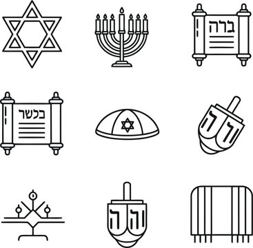 Line art Jewish symbols, Star of David, menorah, Torah scroll, dreidel, kippah, tallit, Hanukkah icons, religion culture, faith illustration, spirituality art, sacred tradition, religion artwork
