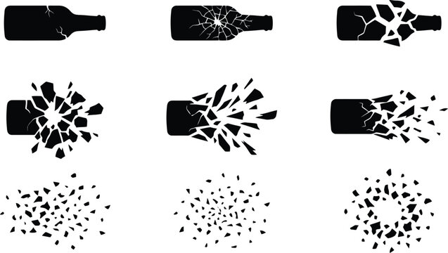 Sequence of a glass bottle shattering into fragments and dissipating breaking exploding