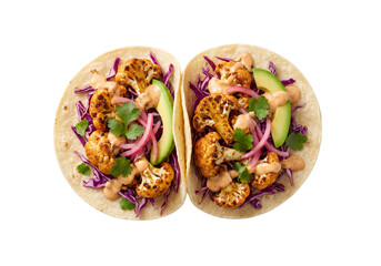 Fototapeta premium Two delicious vegan tacos filled with roasted cauliflower, red cabbage, and avocado, isolated on a transparent background; concept of vegan taco. 