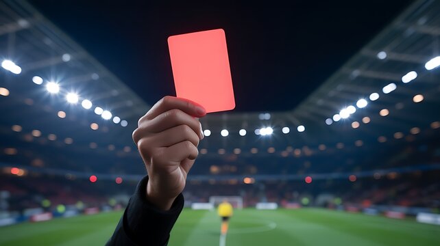 Professional soccer referee showing a red card to a player during a match in a packed stadium at night
