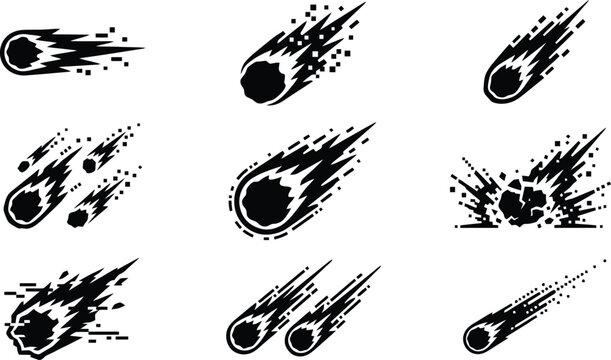 Nine black and white icons illustrating comets and meteors in motion and impact asteroid space