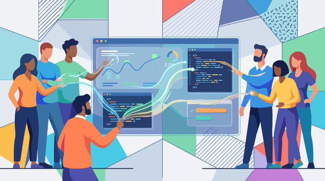 Software development teamwork concept with people collaborating around a large digital dashboard