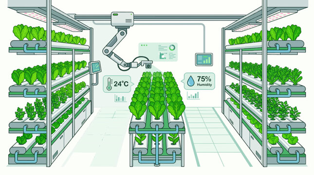 Automated smart agriculture with a robotic arm monitoring indoor vertical hydroponic crops