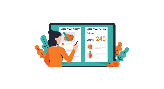 Woman Tracking Daily Nutrition and Calories on Digital App Illustration - Modern Flat Vector for Health and Wellness Concepts