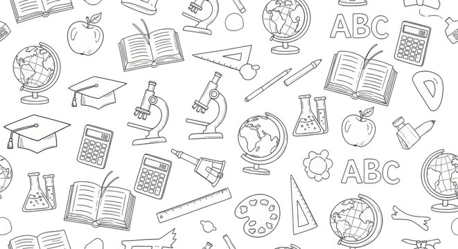 Seamless pattern with school supplies and educational icons