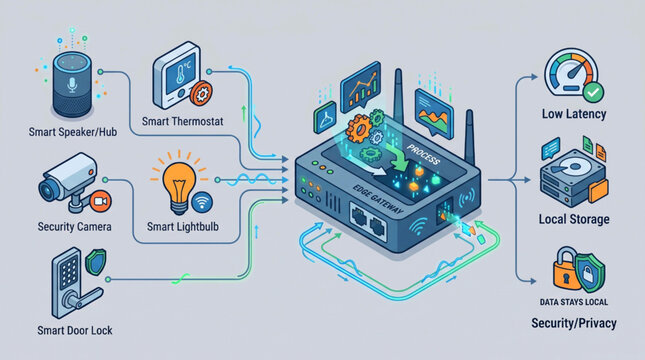 Isometric concept of smart home edge computing devices and localized data routers