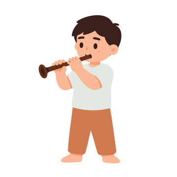 Playful boy in cartoon style is blowing into a wind instrument with bare feet