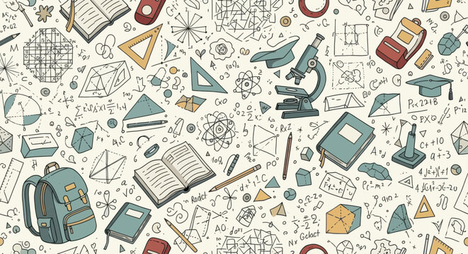 Seamless pattern with school supplies and educational doodles
