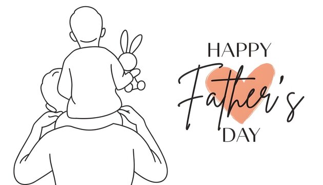 Happy Father's Day minimalist vector illustration of a father carrying his child and a stuffed animal on his shoulder