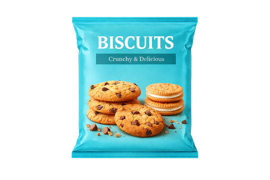 Crunchy and delicious biscuits cookies light blue pouch packet isolated on transparent background