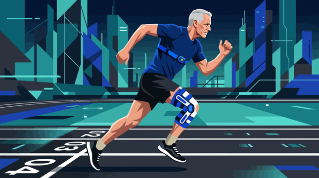 Runner sprinting on an outdoor track with a futuristic city skyline background, modern geometric vector illustration.