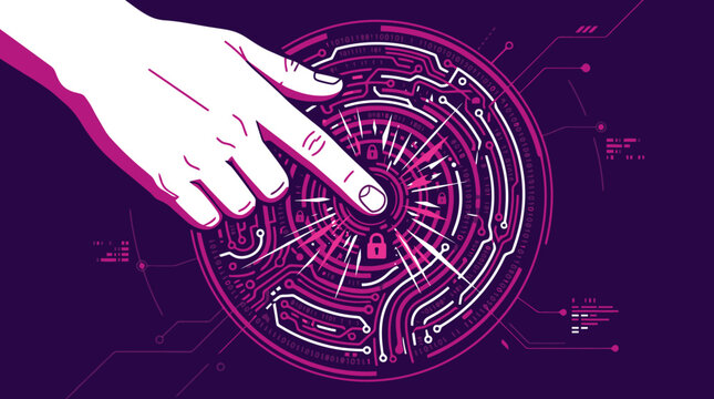 Stylized hand touching a digital circuit interface representing futuristic technology and cyber security