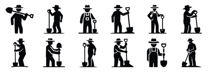 Set of agricultural farmer with shovel silhouette vector illustration. © SreeAtul
