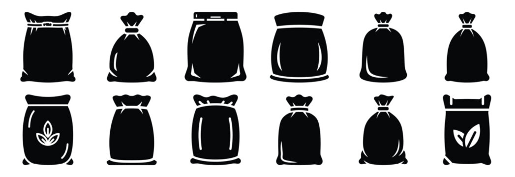 Set of agricultural fertilizer bag silhouette vector illustration.