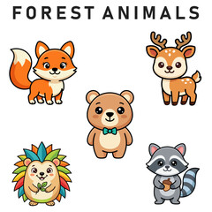 Fototapeta premium Cute Cartoon Forest Animals Character Bundle Set Vector Illustration Design