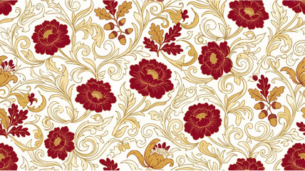 Seamless floral and acorn pattern with red flowers and golden leaves © Timothee
