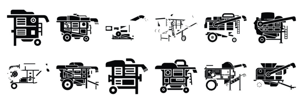 Set of agricultural grain threshing machine silhouette vector illustration.