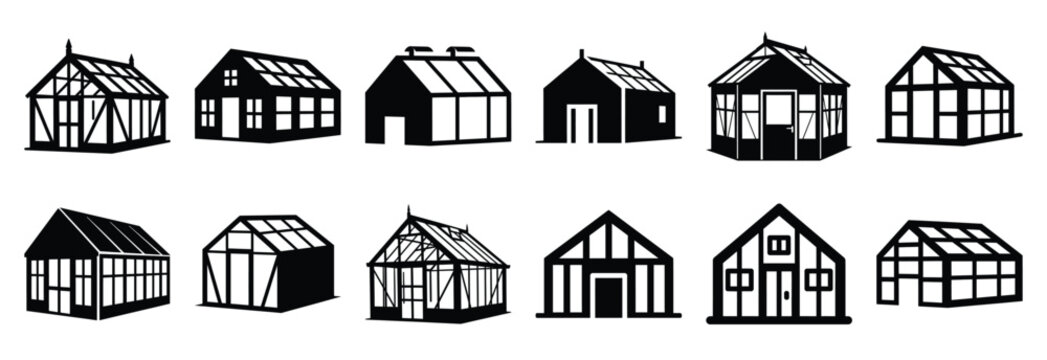 Set of agricultural greenhouse silhouette vector illustration.