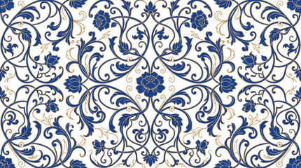 Fototapeta premium Intricate blue and gold floral pattern vector illustration
