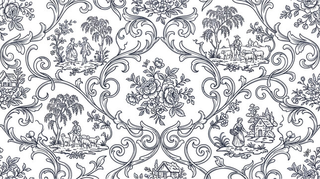 Elegant floral damask pattern with toile de jouy scenes, classic blue on white