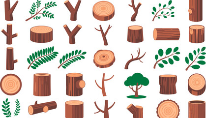 Woodland Elements Collection: A vibrant collection of stylized illustrations depicting various wood elements, including tree stumps, logs, branches, and leaves, perfect for nature-themed designs. © SUZUNCHANDRA