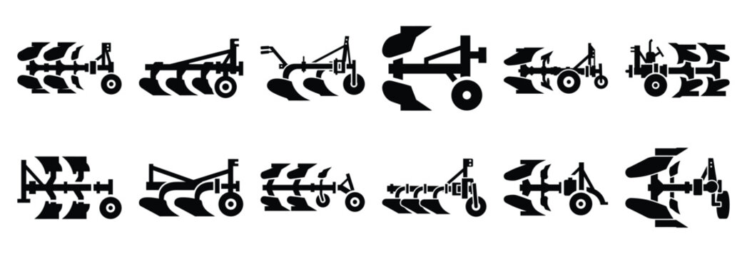 Set of agricultural plow machine silhouette vector illustration.