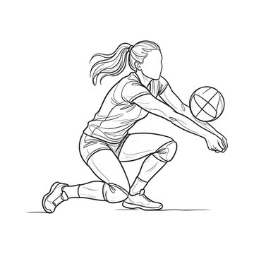 A woman in athletic wear crouches down to hit a volleyball with her hands